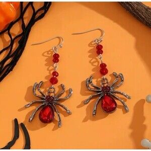 Dark Red Crystal Halloween Gothic Spider Dangle Earrings